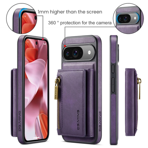 For Google Pixel 9 / 9 Pro DG.MING M5 Series Zip RFID Multi Card Detachable Leather Phone Case(Purple)