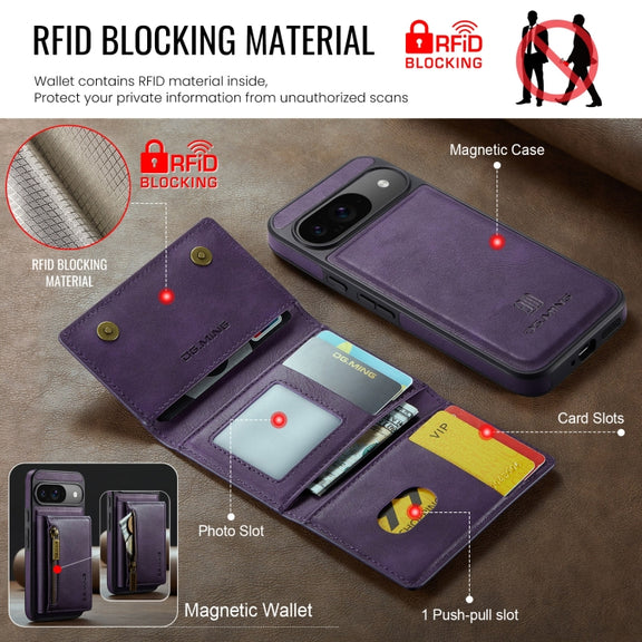 For Google Pixel 9 / 9 Pro DG.MING M5 Series Zip RFID Multi Card Detachable Leather Phone Case(Purple)