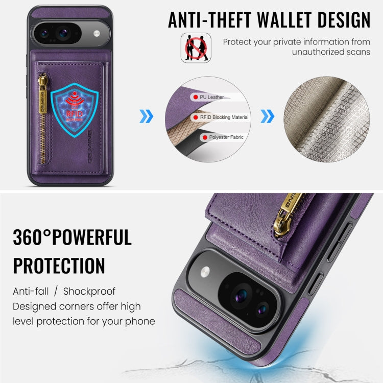 For Google Pixel 9 / 9 Pro DG.MING M5 Series Zip RFID Multi Card Detachable Leather Phone Case(Purple)