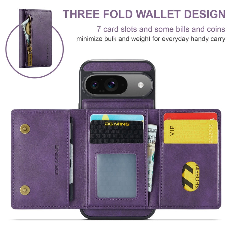 For Google Pixel 9 / 9 Pro DG.MING M5 Series Zip RFID Multi Card Detachable Leather Phone Case(Purple)