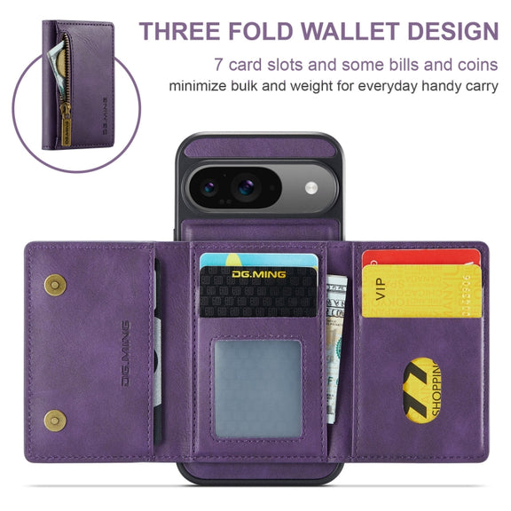 For Google Pixel 9 / 9 Pro DG.MING M5 Series Zip RFID Multi Card Detachable Leather Phone Case(Purple)