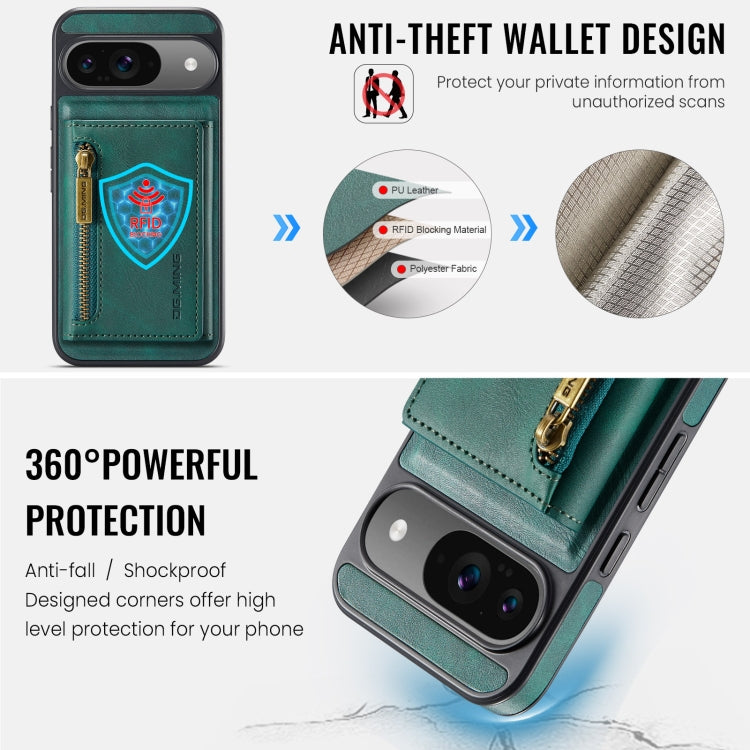 For Google Pixel 9 / 9 Pro DG.MING M5 Series Zip RFID Multi Card Detachable Leather Phone Case(Green)