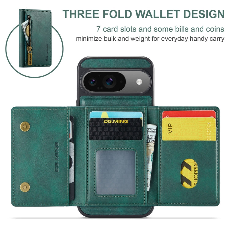 For Google Pixel 9 / 9 Pro DG.MING M5 Series Zip RFID Multi Card Detachable Leather Phone Case(Green)