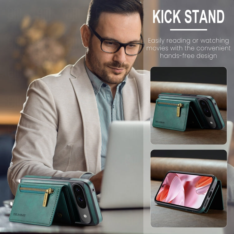 For Google Pixel 9 / 9 Pro DG.MING M5 Series Zip RFID Multi Card Detachable Leather Phone Case(Green)