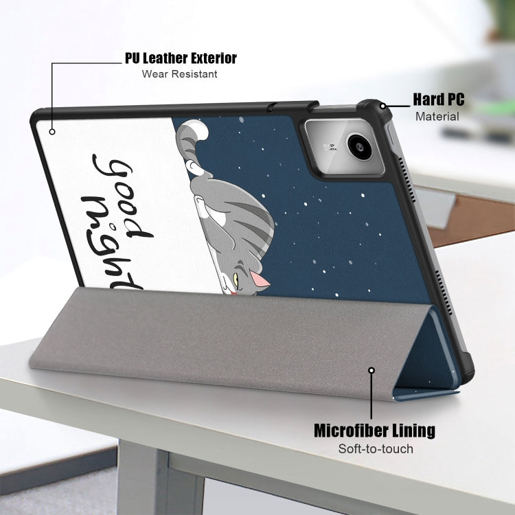 For Lenovo Tab M11/ Xiaoxin Pad 11 2024 Custer Painted 3-Fold Holder Leather Smart Tablet Case(Lazy Cat)