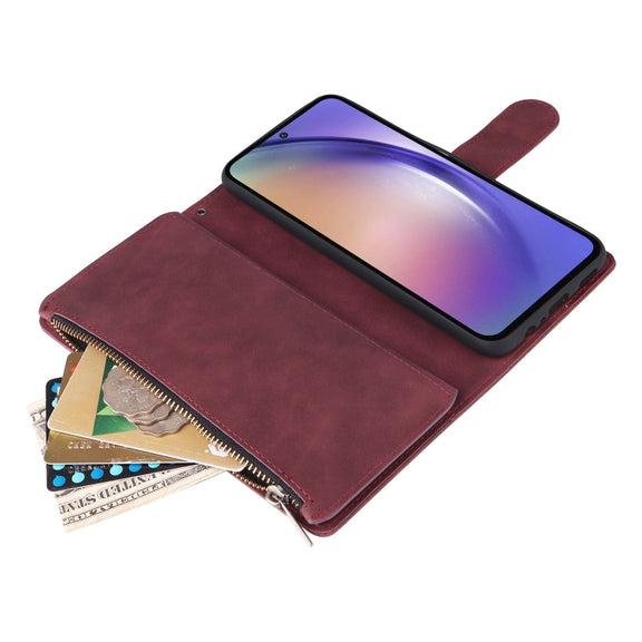 For Samsung Galaxy A55 5G Multifunctional Frosted Zipper Wallet Leather Phone Case(Wine Red)