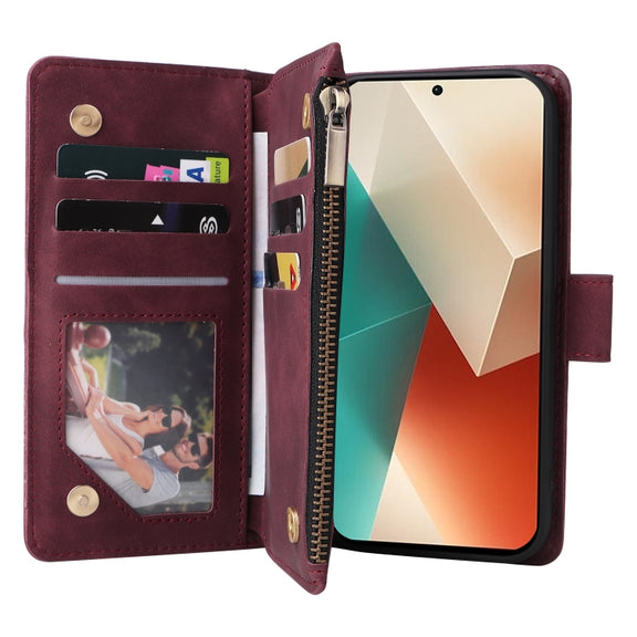 For Xiaomi Redmi Note 13 5G Multifunctional Frosted Zipper Wallet Leather Phone Case(Wine Red)