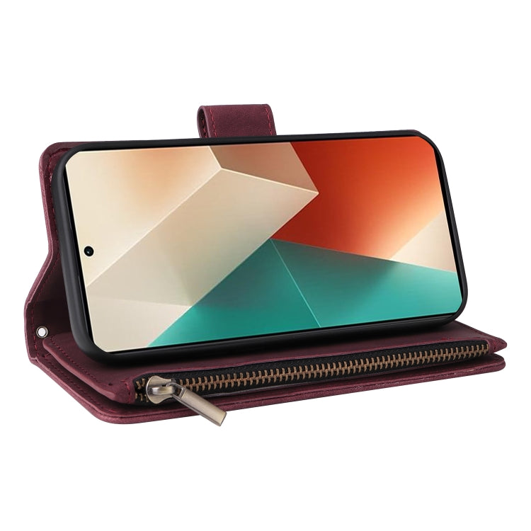 For Xiaomi Redmi Note 13 5G Multifunctional Frosted Zipper Wallet Leather Phone Case(Wine Red)