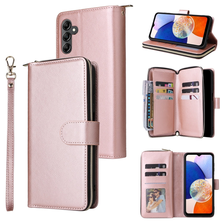 For Samsung Galaxy A15 5G 9-Card Slots Zipper Wallet Bag Leather Phone Case(Rose Gold)