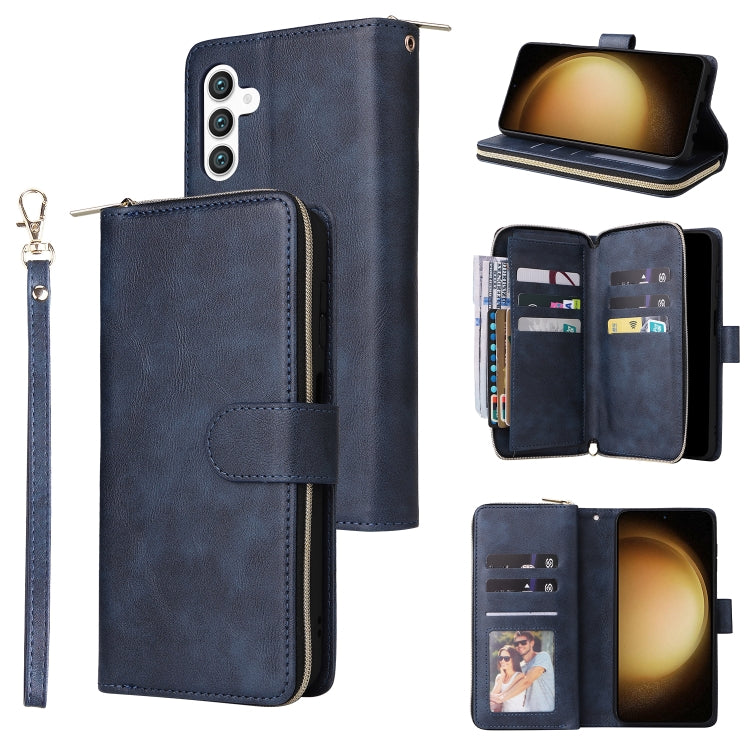 For Samsung Galaxy S24+ 5G 9-Card Slots Zipper Wallet Bag Leather Phone Case(Blue)