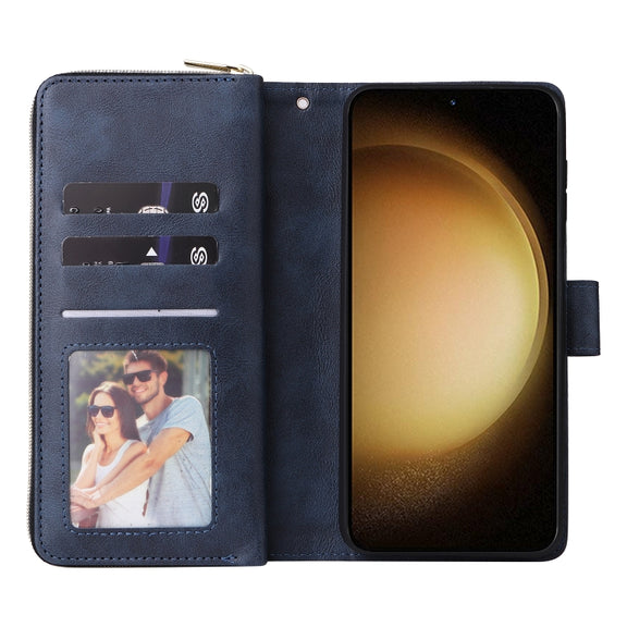 For Samsung Galaxy S24+ 5G 9-Card Slots Zipper Wallet Bag Leather Phone Case(Blue)