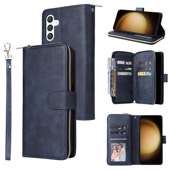For Samsung Galaxy S24+ 5G 9-Card Slots Zipper Wallet Bag Leather Phone Case(Blue)