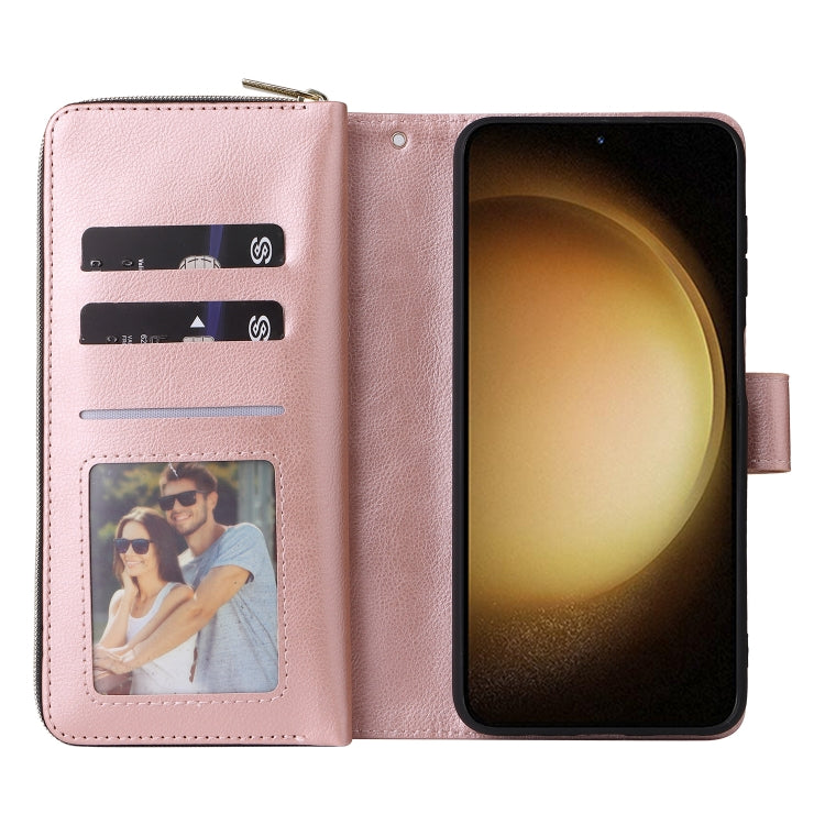 For Samsung Galaxy S24+ 5G 9-Card Slots Zipper Wallet Bag Leather Phone Case(Rose Gold)