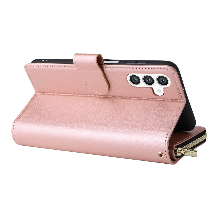 For Samsung Galaxy S24+ 5G 9-Card Slots Zipper Wallet Bag Leather Phone Case(Rose Gold)