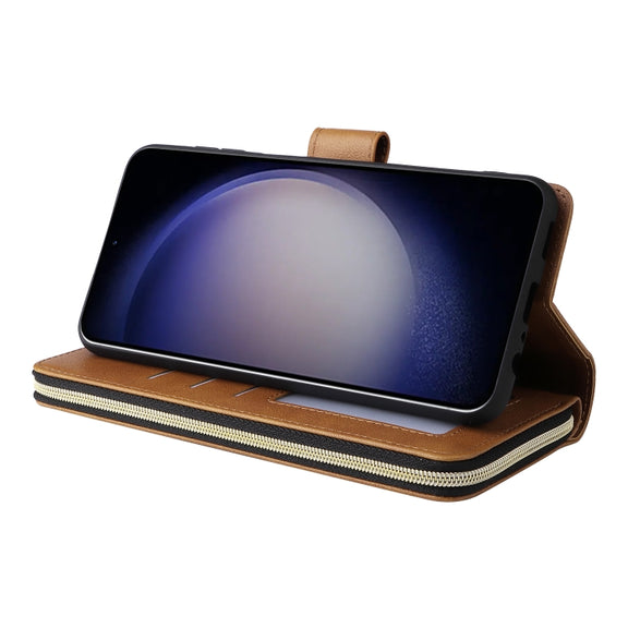 For Samsung Galaxy S24 5G 9-Card Slots Zipper Wallet Bag Leather Phone Case(Brown)