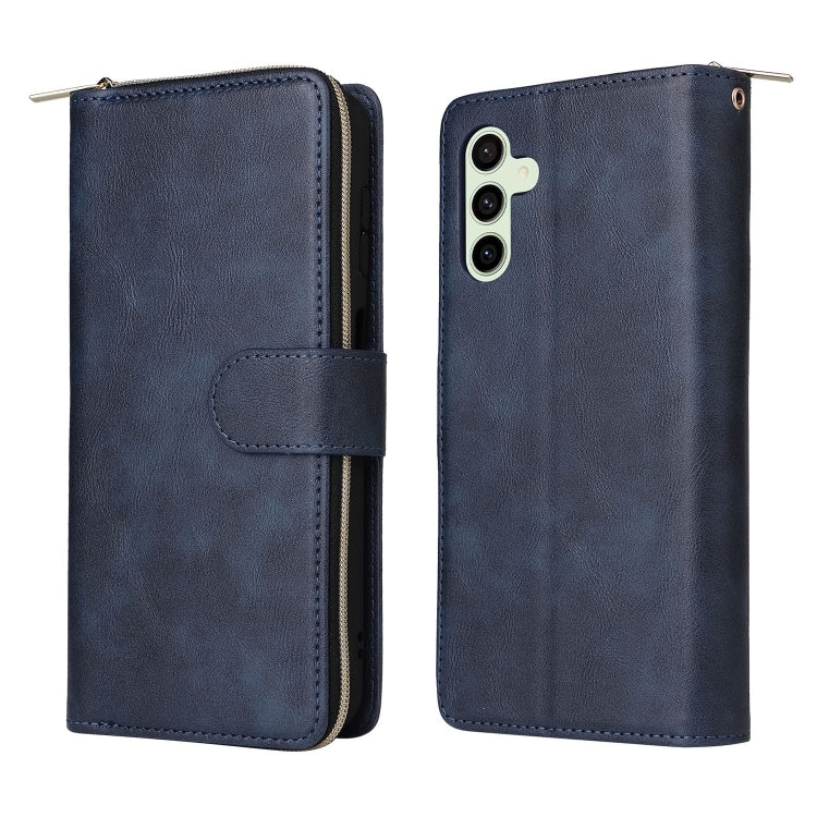 For Samsung Galaxy S24 FE 5G 9-Card Slots Zipper Wallet Bag Leather Phone Case(Blue)