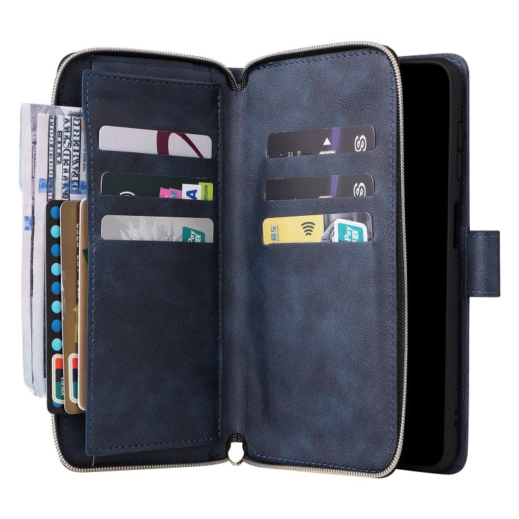 For Samsung Galaxy S24 FE 5G 9-Card Slots Zipper Wallet Bag Leather Phone Case(Blue)