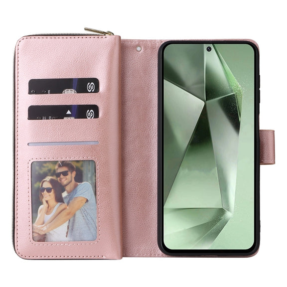 For Samsung Galaxy S24 FE 5G 9-Card Slots Zipper Wallet Bag Leather Phone Case(Rose Gold)