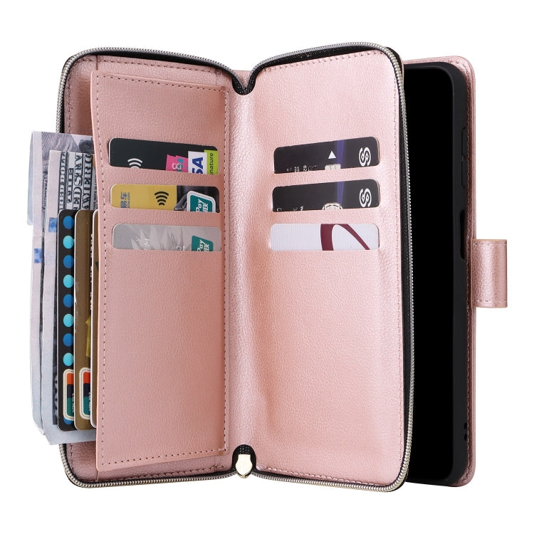 For Samsung Galaxy S24 FE 5G 9-Card Slots Zipper Wallet Bag Leather Phone Case(Rose Gold)