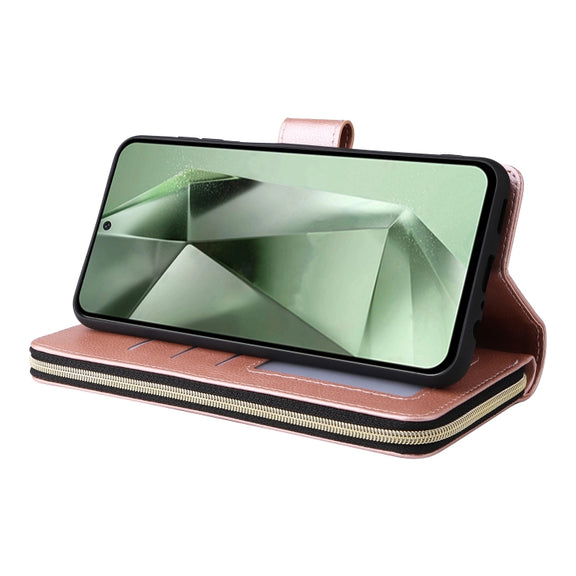 For Samsung Galaxy S24 FE 5G 9-Card Slots Zipper Wallet Bag Leather Phone Case(Rose Gold)