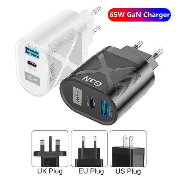 65W Gallium Nitride GaN389 USB + Type-C Fast Charging Charger, Plug Type:EU Plug(Black)