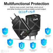 65W Gallium Nitride GaN389 USB + Type-C Fast Charging Charger, Plug Type:EU Plug(Black)
