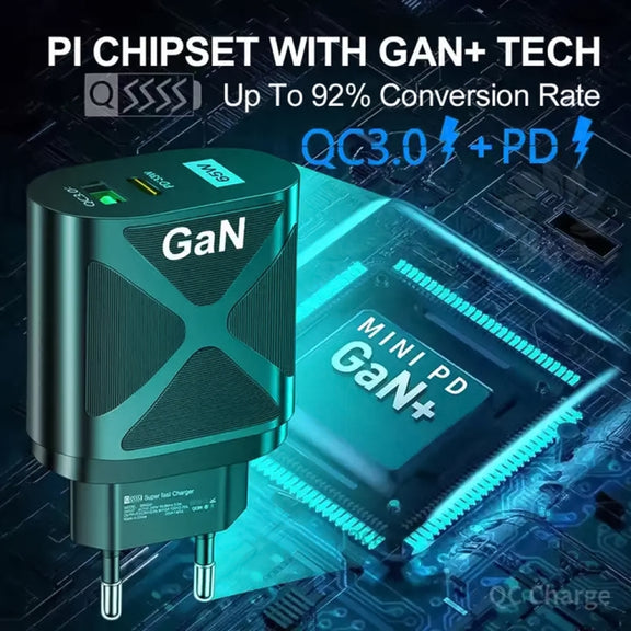 65W Gallium Nitride GaN389 USB + Type-C Fast Charging Charger, Plug Type:EU Plug(Black)