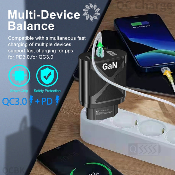 65W Gallium Nitride GaN389 USB + Type-C Fast Charging Charger, Plug Type:EU Plug(Black)