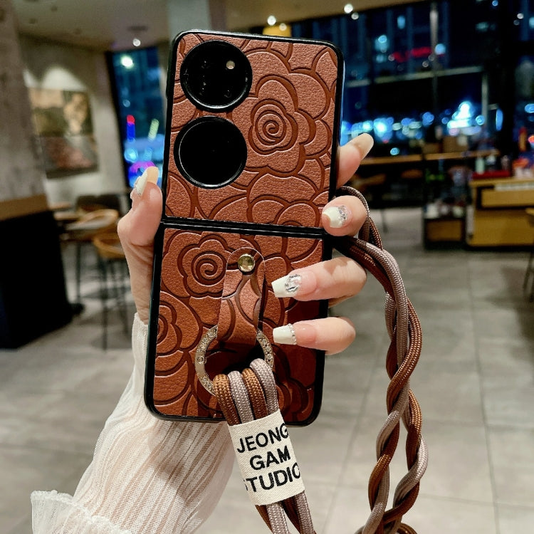 For Huawei P50 Pocket Impression Camellia Pattern Protective Phone Case with Diamond Ring Long Lanyard(Brown)