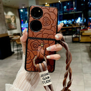 For Huawei P50 Pocket Impression Camellia Pattern Protective Phone Case with Diamond Ring Long Lanyard(Brown)