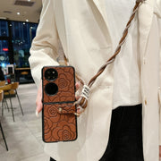 For Huawei P50 Pocket Impression Camellia Pattern Protective Phone Case with Diamond Ring Long Lanyard(Brown)