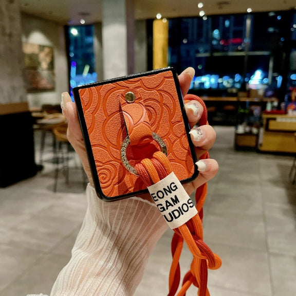 For Huawei P50 Pocket Impression Camellia Pattern Protective Phone Case with Diamond Ring Long Lanyard(Brown)