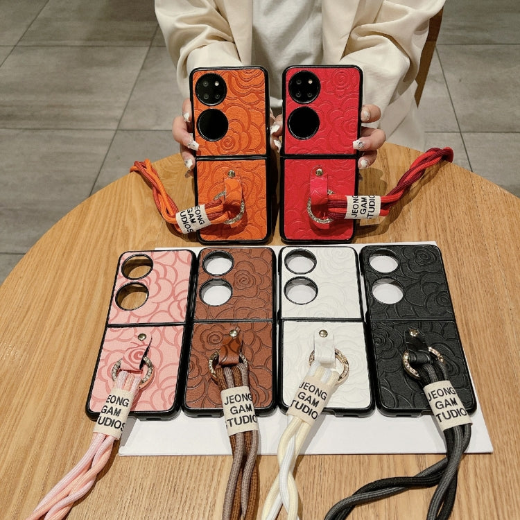 For Huawei P50 Pocket Impression Camellia Pattern Protective Phone Case with Diamond Ring Long Lanyard(Brown)