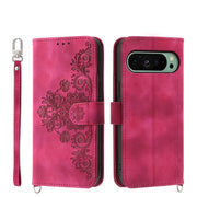 For Google Pixel 9 Skin-feel Flowers Embossed Wallet Leather Phone Case(Wine Red)