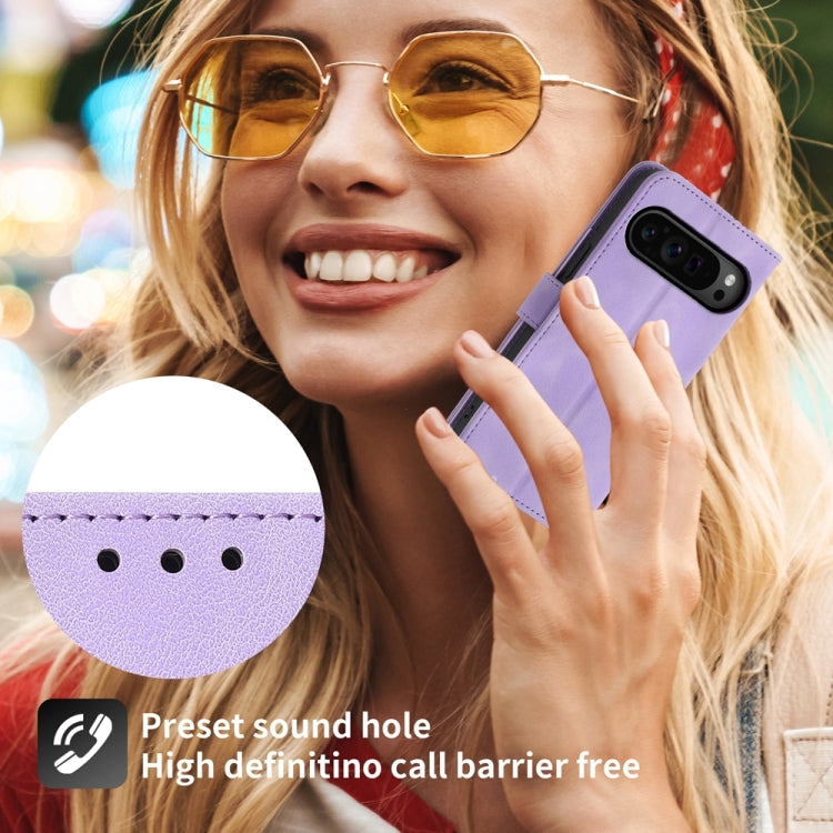For Google Pixel 9 Pro Skin-feel Flowers Embossed Wallet Leather Phone Case(Purple)