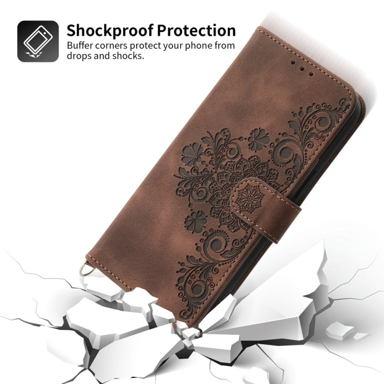 For Google Pixel 9 Pro Skin-feel Flowers Embossed Wallet Leather Phone Case(Brown)