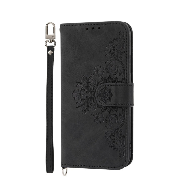 For Google Pixel 9 Pro Skin-feel Flowers Embossed Wallet Leather Phone Case(Black)