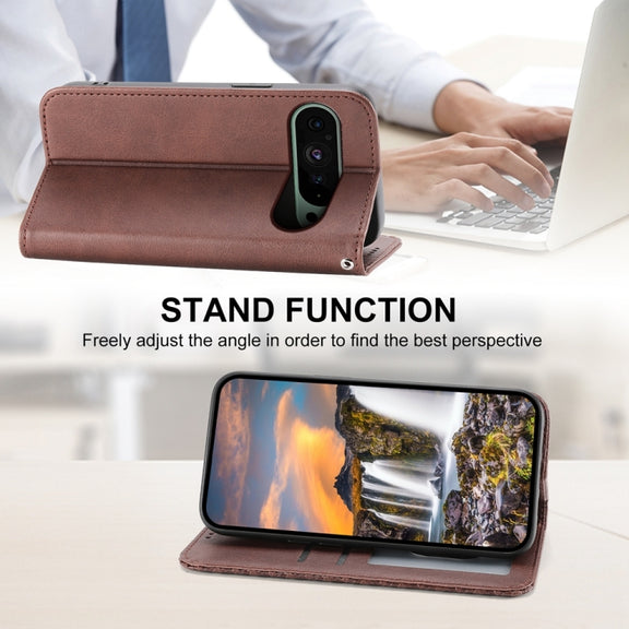 For Google Pixel 9 Cubic Grid Calf Texture Magnetic Leather Phone Case(Brown)