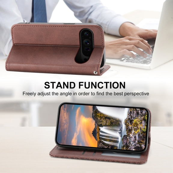 For Google Pixel 9 Pro Cubic Grid Calf Texture Magnetic Leather Phone Case(Brown)