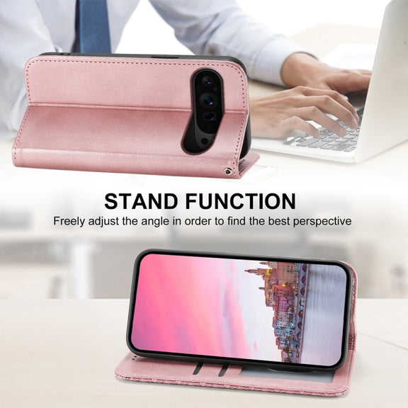 For Google Pixel 9 Pro Cubic Grid Calf Texture Magnetic Leather Phone Case(Rose Gold)
