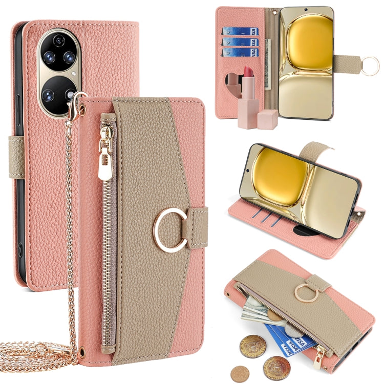 For Huawei P50 Crossbody Litchi Texture Leather Phone Case(Pink)