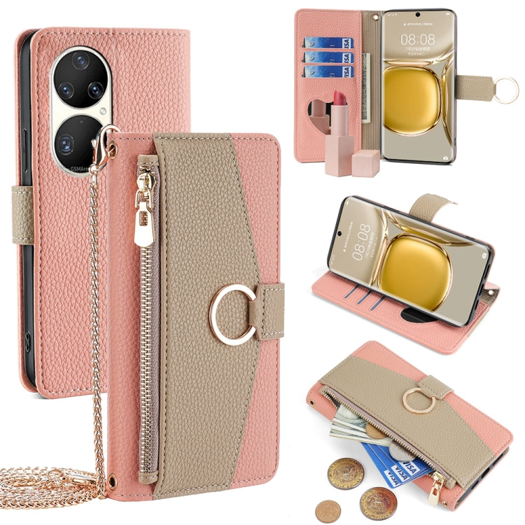 For Huawei P50 Pro Crossbody Litchi Texture Leather Phone Case(Pink)