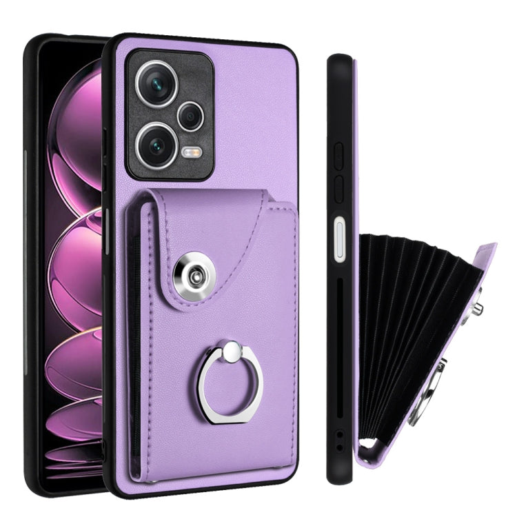 For Xiaomi Redmi Note 12 Pro 5G Global Organ Card Bag Ring Holder PU Phone Case(Purple)