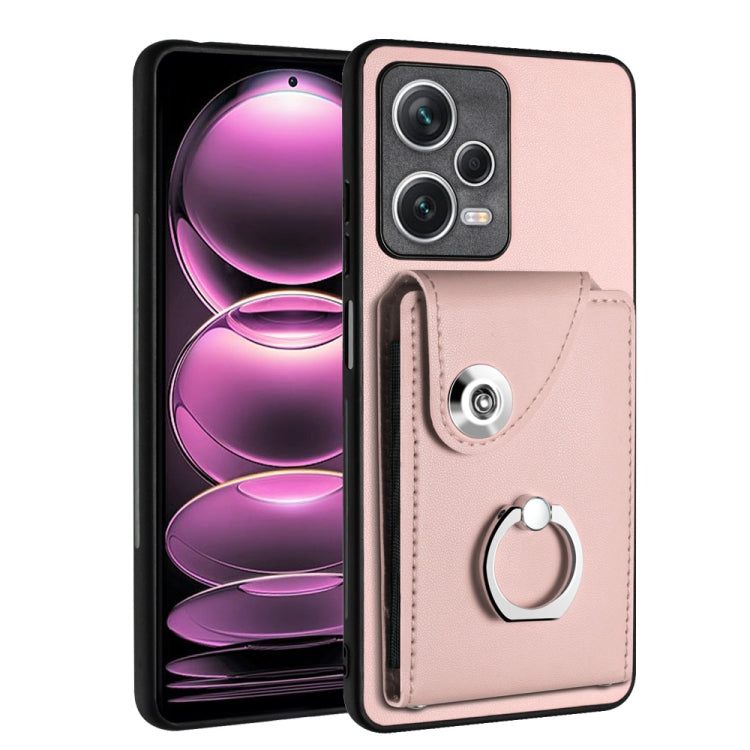 For Xiaomi Poco X5/Redmi Note 12 5G Global Organ Card Bag Ring Holder PU Phone Case(Pink)