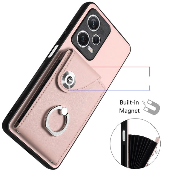 For Xiaomi Poco X5/Redmi Note 12 5G Global Organ Card Bag Ring Holder PU Phone Case(Pink)