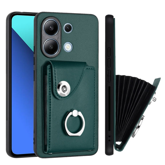 For Xiaomi Redmi Note 13 4G Global Organ Card Bag Ring Holder PU Phone Case(Green)