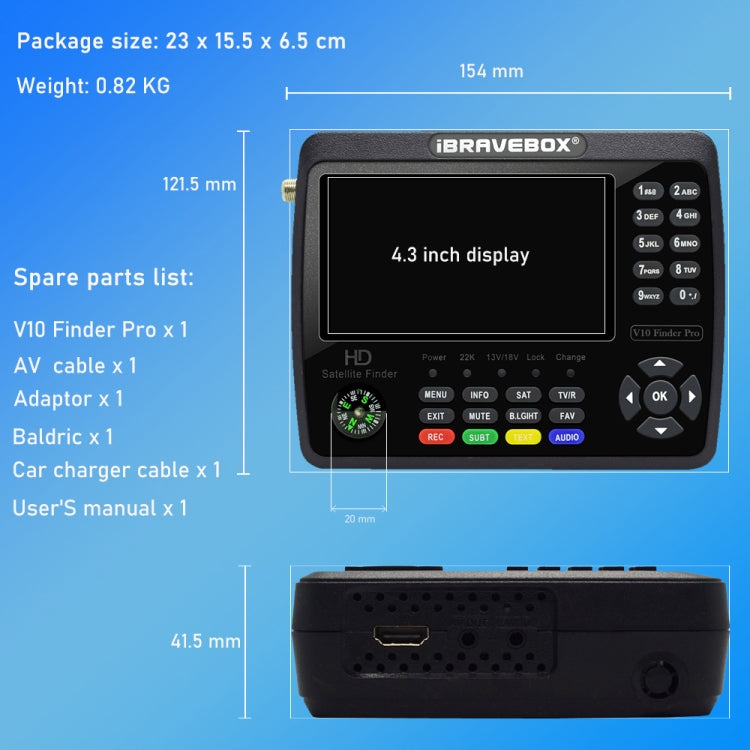 iBRAVEBOX V10 Finder Max 4.3 inch Display Digital Satellite Meter Signal Finder, Support DVB-S/S2/S2X, Plug Type:EU Plug(Black)