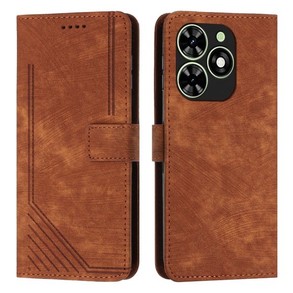 For Tecno Spark Go 2024 / POP 8 Skin Feel Stripe Pattern Leather Phone Case with Long Lanyard(Brown)