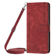 For Tecno Spark Go 2024 / POP 8 Skin Feel Stripe Pattern Leather Phone Case with Lanyard(Red)