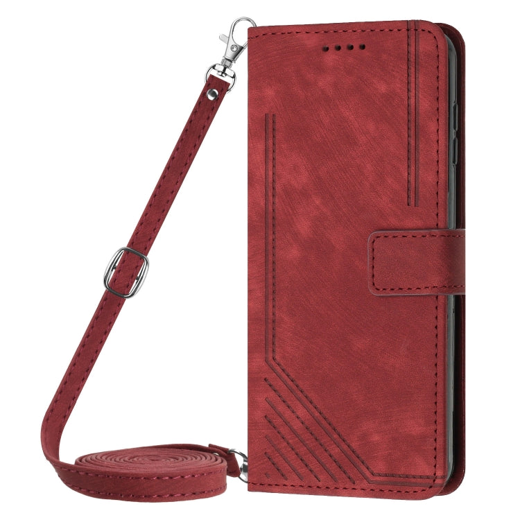 For Tecno Spark Go 2024 / POP 8 Skin Feel Stripe Pattern Leather Phone Case with Lanyard(Red)